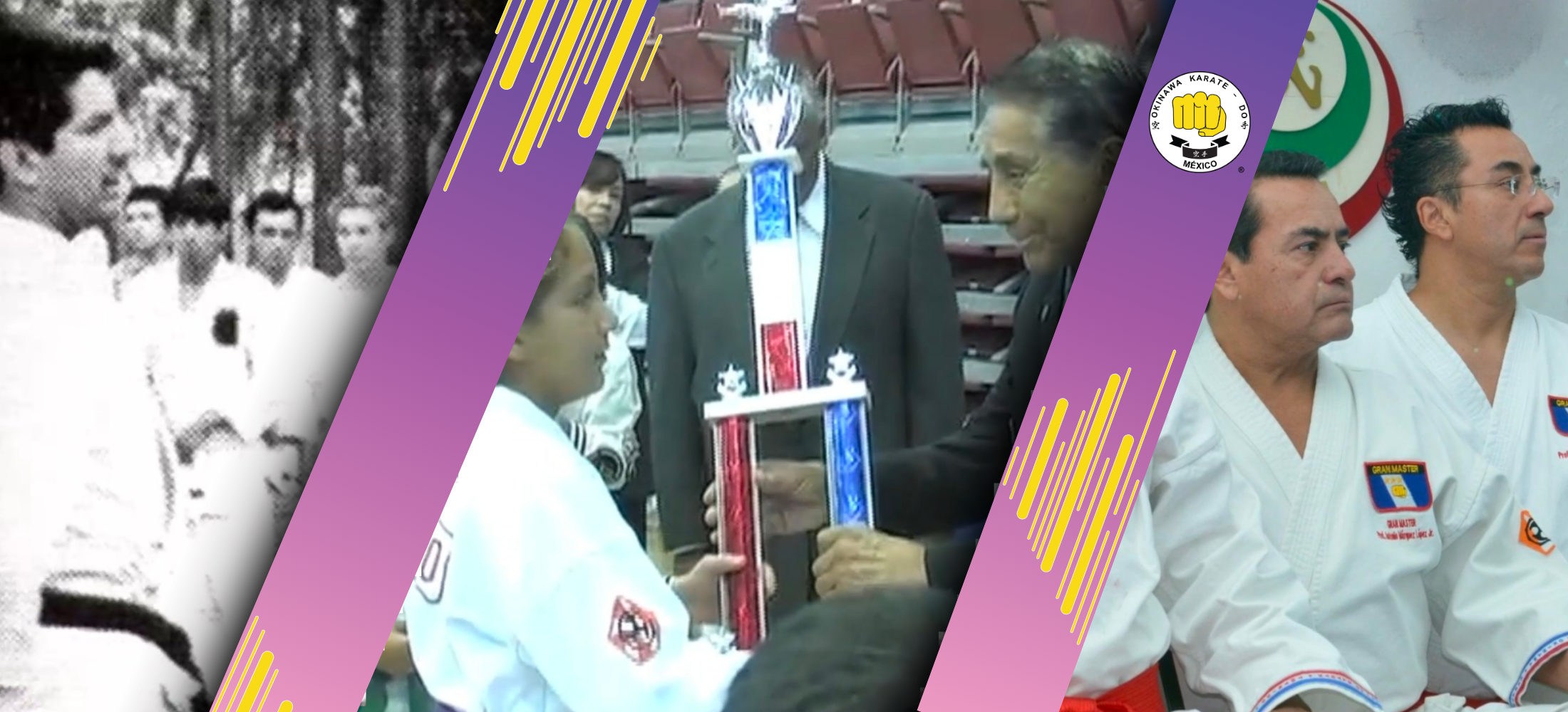 Tres fotos de la historia de Okinawa Karate Do. Primero, foto en blanco y negro de un sensei con alumnos. Luego, foto del Gran Master Antonio Márquez entregando un trofeo a una niña. Finalmente, los Gran Master Antonio Jr y Daniel Márquez posando con su karate gui.